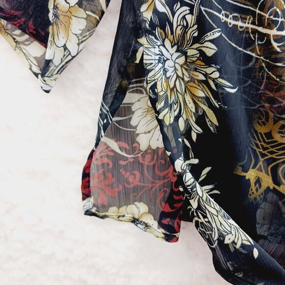 Blouse Kimono NY Design Button-Up Sheer Floral Resort Office Siren Cruise Size L - Picture 6 of 13